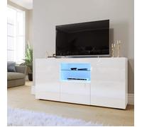 Dripex Meuble TV LED Blanc Brillant Moderne - 135x33.5x70cm Avec 2 Grandes Portes 1 Petite Porte Étagère en Verre