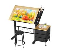 Dripex Table à Dessin Inclinable Bureau à Dessin Réglable avec Tabouret et Casiers Table de Travail Relevable 0°-60° pour Dessinateur Architecte Peintre Ingénieur, Moderne, Couleur Bois