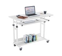 Dripex Table Appoint Roulette 80x45cm, Table Bureau d'Ordinateur Mobile Reglable Hauteur de 69 à 90cm avec roulettes, 2 Etagères de Rangement, Ideal pour Bureau Lit Canapé-Blanc