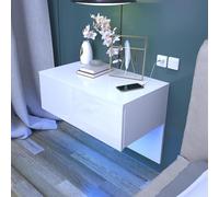 Dripex Table de chevet, à suspendre, en blanc brillant, avec tiroir, meuble en bois, commode de chevet flottante, avec éclairage LED, 60 x 46 x 35 cm