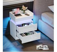DRIPEX Table de Chevet LED avec deux tiroirs de rangement,Table de Nuit avec faces des tiroirs brillantes,45x34x58cm,Blanc