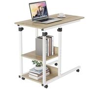 Dripex Table Roulante, Table d'Appoint Mobile Réglable en Hauteur, Table Multiusage avec 4 roulettes et 2 Étagères de Rangement pour Canapé/Lit/Balcon-Blanc+Chêne Clair