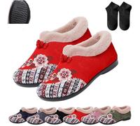 Dritnow Boots,Women’s Warm Cozy Floral Embroidered Winter Cotton Shoes,Non-Slip Soft-Soled Fur Lined Slip-on Loafer (Red, Adult, Adulte, Femme, 39, Numérique, Système Taille Chaussures EU, Moyen)