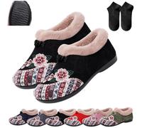 Dritnow Boots,Women’s Warm Cozy Floral Embroidered Winter Cotton Shoes,Non-Slip Soft-Soled Fur Lined Slip-on Loafer (Black, Adult, Adulte, Femme, 40, Numérique, Système Taille Chaussures EU, Moyen)