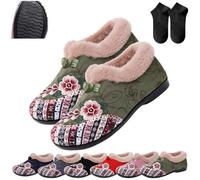 Dritnow Boots,Women’s Warm Cozy Floral Embroidered Winter Cotton Shoes,Non-Slip Soft-Soled Fur Lined Slip-on Loafer (Green, Adult, Adulte, Femme, 43, Numérique, Système Taille Chaussures EU, Moyen)