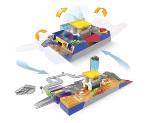 Driven by Battat - Piste de Course Pocket 2 en 1 (80 pièces) - Atelier d'auto et Piste de Course - Jeu Pliable avec Rails et Petites Voitures - 3 Ans et +