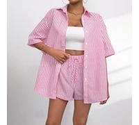 Drivstraw Ensemble 2 pièces à rayures tendance pour femme avec chemise en polyester léger et short à taille élastique (S rose)