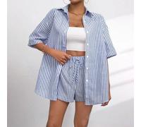 Drivstraw Ensemble 2 pièces à rayures tendance pour femme avec chemise en polyester léger et short à taille élastique (XL bleu)