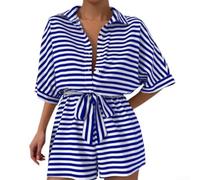 Drivstraw Ensemble à manches courtes pour femme avec haut à revers cranté et short taille haute avec cordon de serrage pour les vacances d'été, la plage, les vacances, le cyclisme (taille L)