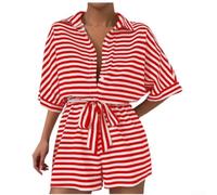 Drivstraw Ensemble à manches courtes pour femme avec haut à revers cranté et short taille haute avec cordon de serrage pour les vacances d'été, la plage, les vacances, le cyclisme (taille L)