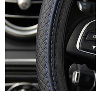 Drivstraw Housse de volant en cuir synthétique pour voitures de 36,8 à 38,1 cm de diamètre - Respirante, antidérapante, élastique avec motif double rond - Noir + Bleu