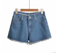 Drivstraw Short d'été taille haute pour femme, coupe ample, coupe large, avec lisière rugueuse et esthétique vintage Y2K (31 Bleu foncé)