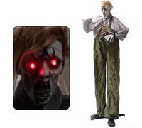 Drivstraw Zombie animé Halloween 190 cm avec yeux lumineux et tête rotative, décoration électrique extérieure pour cour et porche, accessoire d'horreur autonome avec détecteur de mouvement