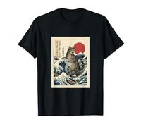 Drôle de Chat Kaiju Great Wave Art Japonais sur Bois T-Shirt