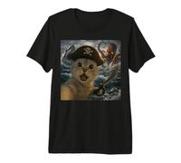 Drôle de Chat Pirate Selfie avec Monstre Marin Pieuvre et Requin T-Shirt Haut de Gamme