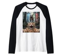 Drôle de Chat Selfie Alien équitation T Rex UFO Encounter Manche Raglan