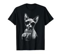Drôle de Chat Sphynx Buvant du café glacé T-Shirt Graphique avec Valeur, Homme, Noir, M