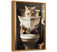 Drôle de Chat Tableau Encadrée Poster Mural Chaton Lire le Journal sur Les Toilettes Peinture Impression sur Toile Image Affiche Tableau Decoration Murale Salon Salle de Bains Toilettes WC 40x60cm