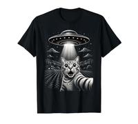 Drôle de Chat UFO Selfie Alien Abduction Rétro Sci FI Design T-Shirt Graphique avec Valeur, Homme, Noir, S