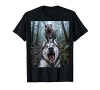 Drôle de Chien Husky sibérien T-Rex Dinosaure Chase Selfie T-Shirt