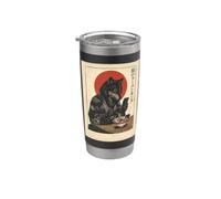 Drôle de loup japonais mangeant des ramen et un parchemin de téléphone en bois Gobelet isotherme en acier inoxydable double paroi