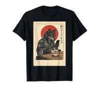 Drôle de Loup Japonais Mangeant des Ramen et Un parchemin de téléphone en Bois T-Shirt