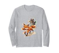 Drôle de Raton Laveur et Renard Heureux - Aquarelle Animal Mignon Manche Longue