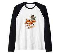 Drôle de Raton Laveur et Renard Heureux - Aquarelle Animal Mignon Manche Raglan