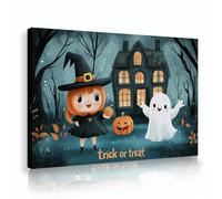 Drôle Halloween Décoration murale dessin animé Trick-or-treat Château sombre Académie Décor de chambre Fantômes Sorcières Impressions Affiche pour chambre d’enfants 80x120cm Cadre intérieur