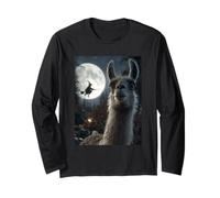 Drôle Lama Selfie Pleine Lune Sorcière Volante Forêt Halloween Manche Longue