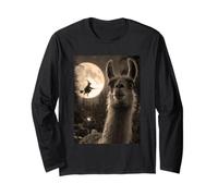 Drôle Lama Selfie Pleine Lune Sorcière Volante Forêt Halloween Manche Longue