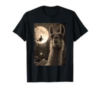 Drôle Lama Selfie Pleine Lune Sorcière Volante Forêt Halloween T-Shirt