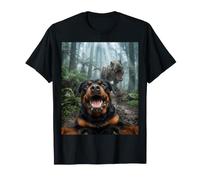 Drôle Rottweiler Dog T-Rex Dinosaure Chase Selfie T-Shirt