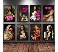 Drôle salle de bain toilette Mona Lisa portant des perles fille avec rouleau papier affiche impression toile peinture mur Art salon décor à la maison noir