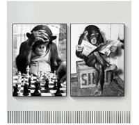 Drôle Singe Jouer aux échecs Lire Journal Toile Peintures Noir Blanc Mur Art Affiches Imprime Photo Salon Décor 50x70cm Sans Cadre