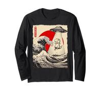 Drôle T-Rex UFO Abduction Great Wave Kanagawa Anime T-Rex Manche Longue