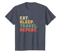 Drôle Voyageur Amoureux de Voyager Mangez Dormir Voyage Répéter T-Shirt, Enfant, Bleu Chiné, 3 Ans