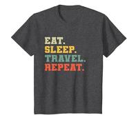 Drôle Voyageur Amoureux de Voyager Mangez Dormir Voyage Répéter T-Shirt, Enfant, Chiné Foncé, 2 Ans