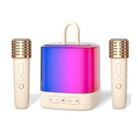 DRSYXCS Mini Machine à Karaoké pour Enfants, Garçons et Filles, Enceinte Bluetooth Portable avec 2 Microphones sans Fil, Micro Karaoké avec Changeur de Voix et Lumières LED pour Fêtes (Blanc)