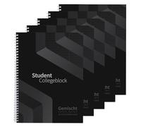 druck.de Lot de 5 bloc-notes mixtes DUO pour étudiants, noirs, format A4-40/40, quadrillé/ligné, papier volume 80 g, perforé et perforé, à spirales blanches, avec marge correctrice, bloc-notes