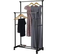 Drumm Portant à vêtements, Portant Hauteur et Largeur Réglables avec Roulettes,Penderie Double sur Roulettes Vestiaire Mobile avec 2 Barres de Hauteur Réglable et Une Tablette de Rangement