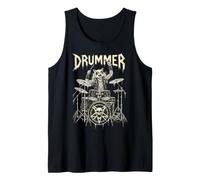 Drummer Heavy Metal Rock Cat Jouet de Batterie Motif tête de Mort Débardeur