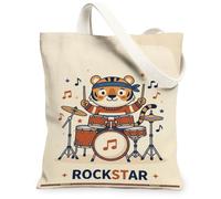 Drummer Tiger Rock Star Sac fourre-tout en toile 33 x 38,1 cm | Illustration de tigre de batteur, thème musical, ambiance rockstar énergique, construction en tissu durable
