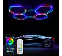 DRUOYIM RGB Hexagon LED Garage Light Plafonnier LED Hexagonal 5 Lampes & Cadre Panneau LED Hexagonal Eclairage LED Garage avec Mode Musique Hexagon LED Lights for Garage, Basement,Auto Beauty Shop