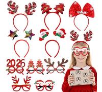 Druuzyl 10 Pièces Serre-Têtes de Noël avec Lunettes Festives - Bandeaux Renne/Père Noël en Peluche, Accessoires de Fête pour Arbre, Cadeaux, Photos et Soirées (Lot Familial)