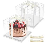 Druuzyl 2pcs Boîte à Gâteaux Transparente 24x24x18cm - Double Couche avec Base & Ruban, Boîte Cadeau Plastique pour Boulangerie/Dessert, Transport Sécurisé pour Anniversaire/Mariage