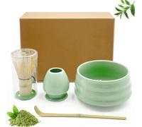 Druuzyl 4 pièces Set de bol à matcha en céramique, bol à matcha, fouet à matcha, spatule, porte-balai à matcha pour la cérémonie du thé.