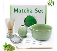 Druuzyl 5 pièces Set de bol à matcha en céramique, bol à matcha, fouet à matcha, spatule,Passoire,porte-balai à matcha pour la cérémonie du thé.