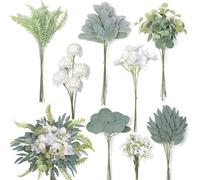 Druuzyl 65pcs Fleurs Artificielles Vert & Blanc - Bouquet DIY en Soie Synthétique avec Branches pour Décoration Maison/Mariage/Bureau, Plantes Faux Réalistes pour Arrangement Floral (Lot de 65)