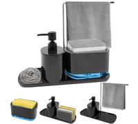Druuzyl Distributeur de Liquide Vaisselle et Savon Cuisine 4 en 1 - Noir avec Support Éponge et Porte-Torchon, Organisateur d'Évier Multifonction pour Cuisine